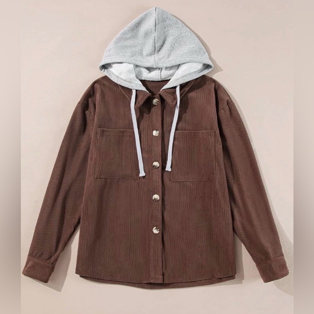 Women’s Hooded Drawstring Pocketed Corduroy Shacket XL Coffee Brown